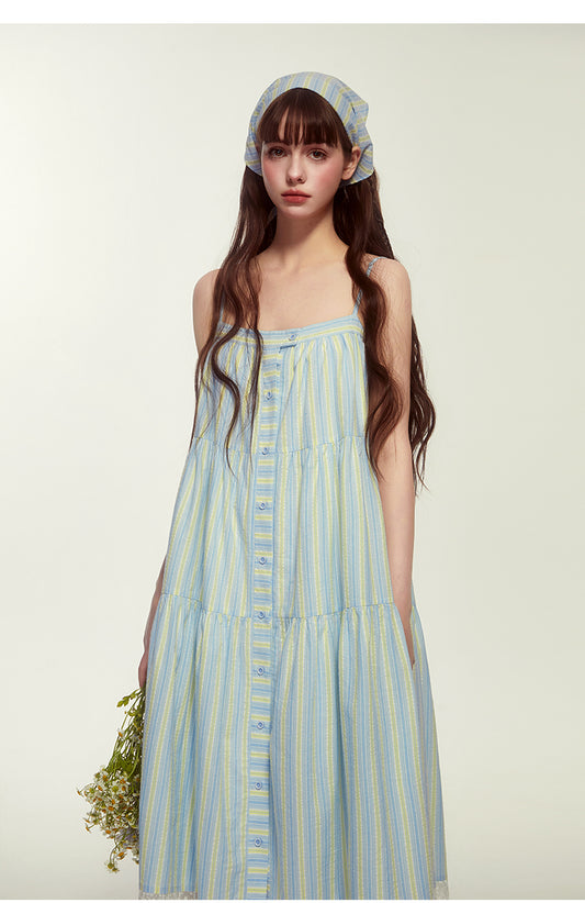 Striped Or Embroidered Button-Up Dress With Headscarf