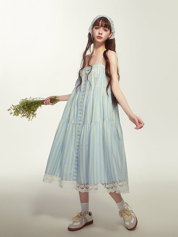 Striped Or Embroidered Button-Up Dress With Headscarf