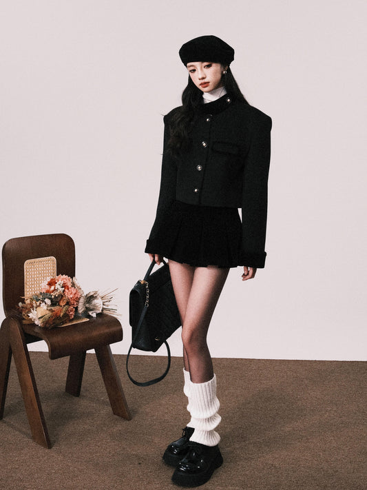 Pearl Beaded Wool Blend Stand Collar Jacket