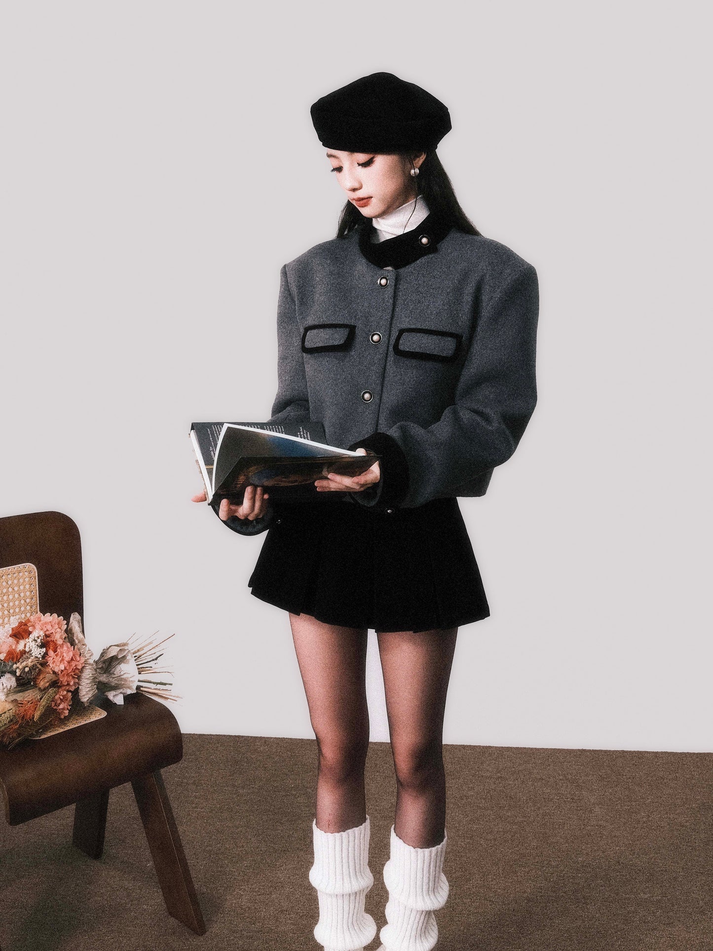 Pearl Beaded Wool Blend Stand Collar Jacket