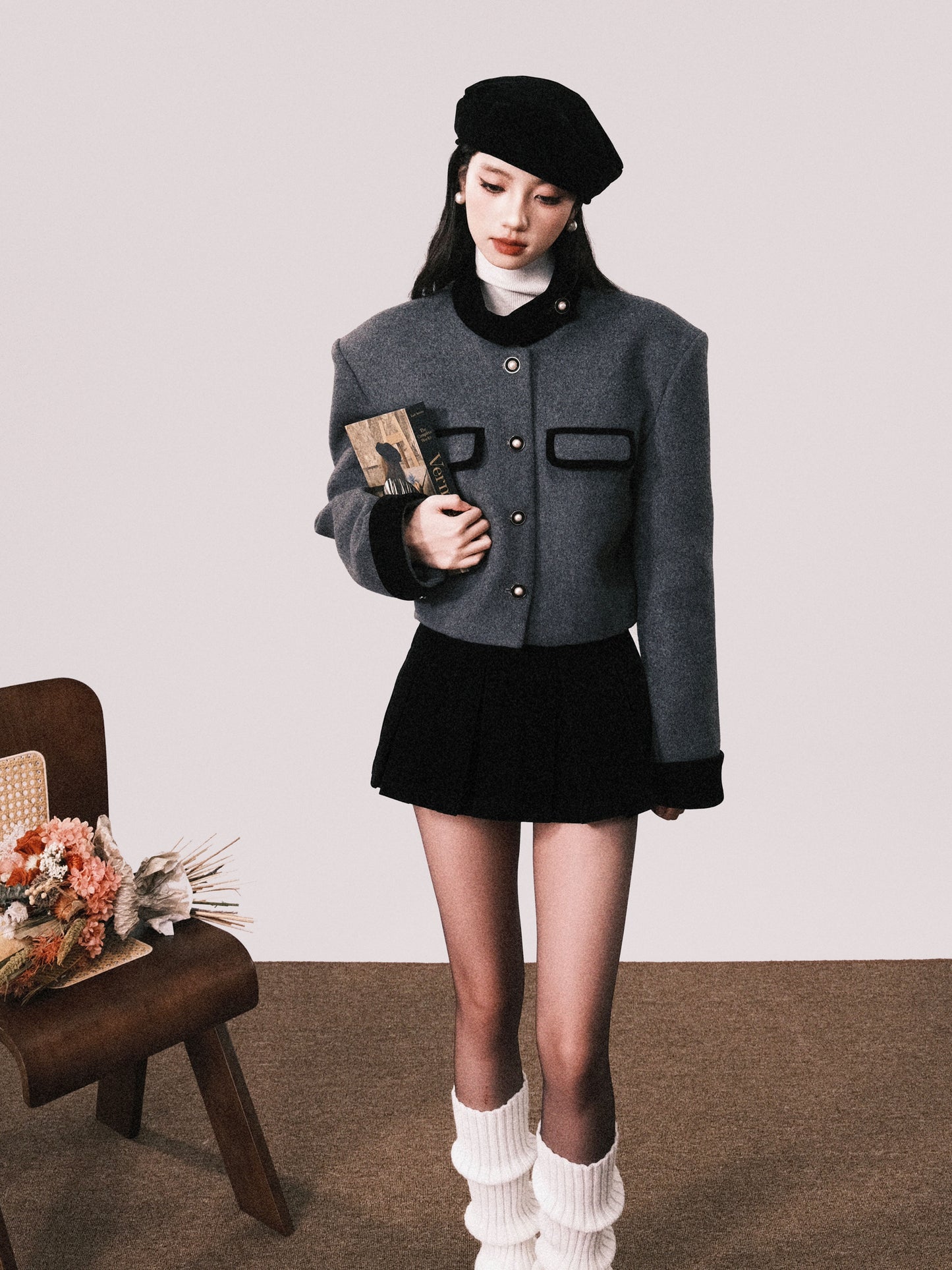 Pearl Beaded Wool Blend Stand Collar Jacket