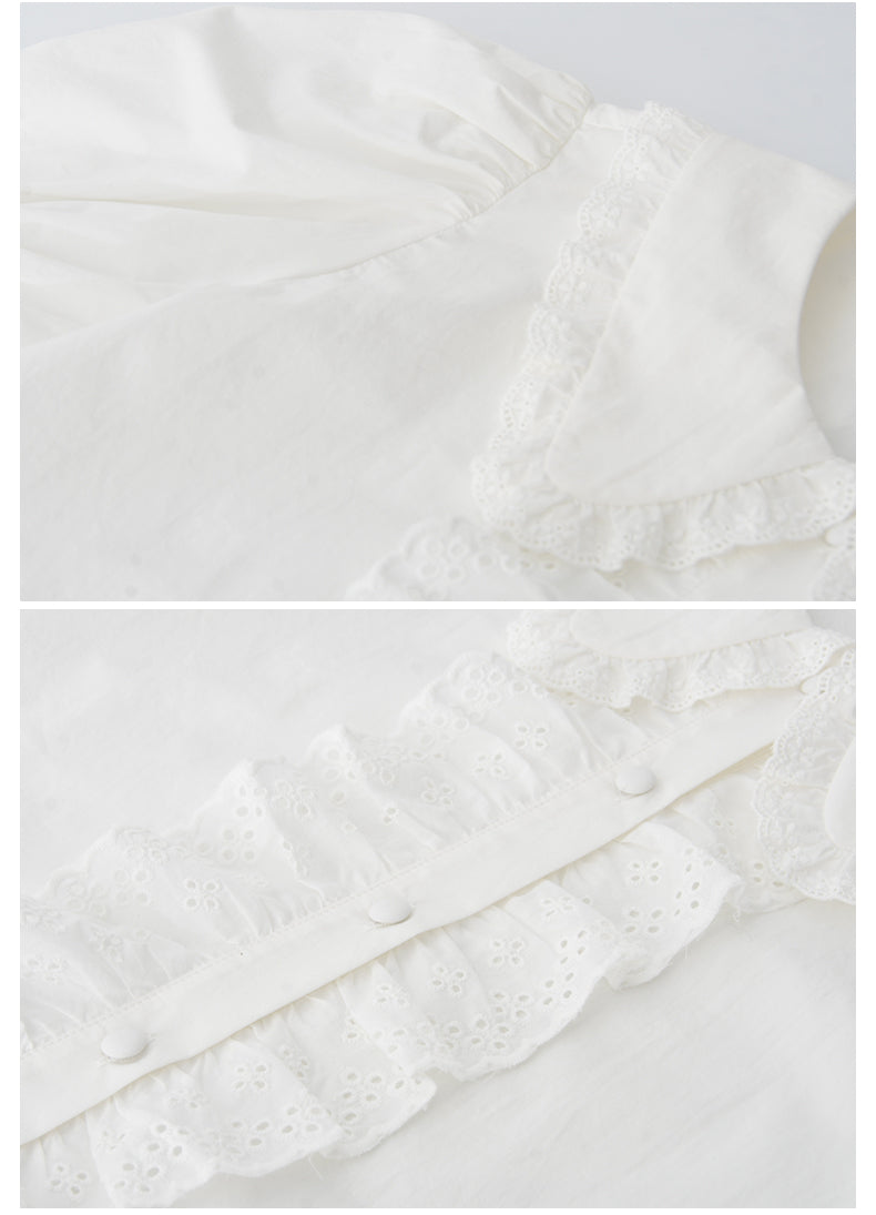 Doll-Collar Frilled Cotton Lace Blouse