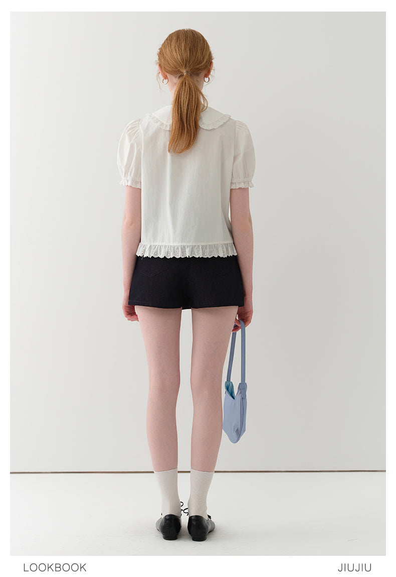 Doll-Collar Frilled Cotton Lace Blouse