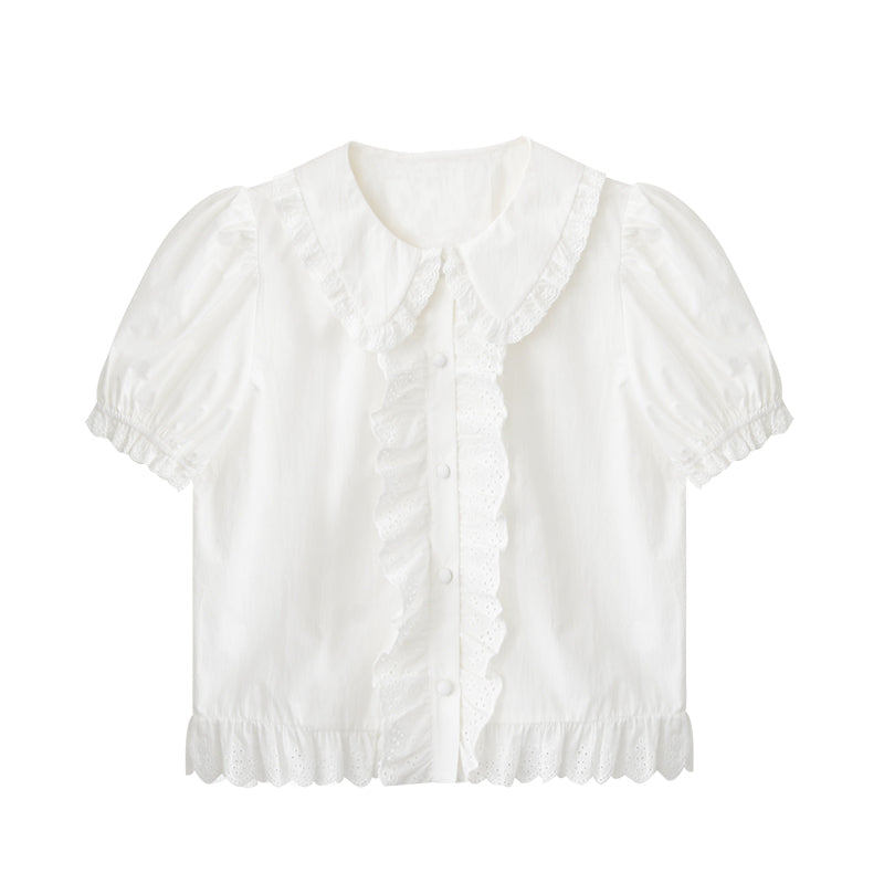 Doll-Collar Frilled Cotton Lace Blouse