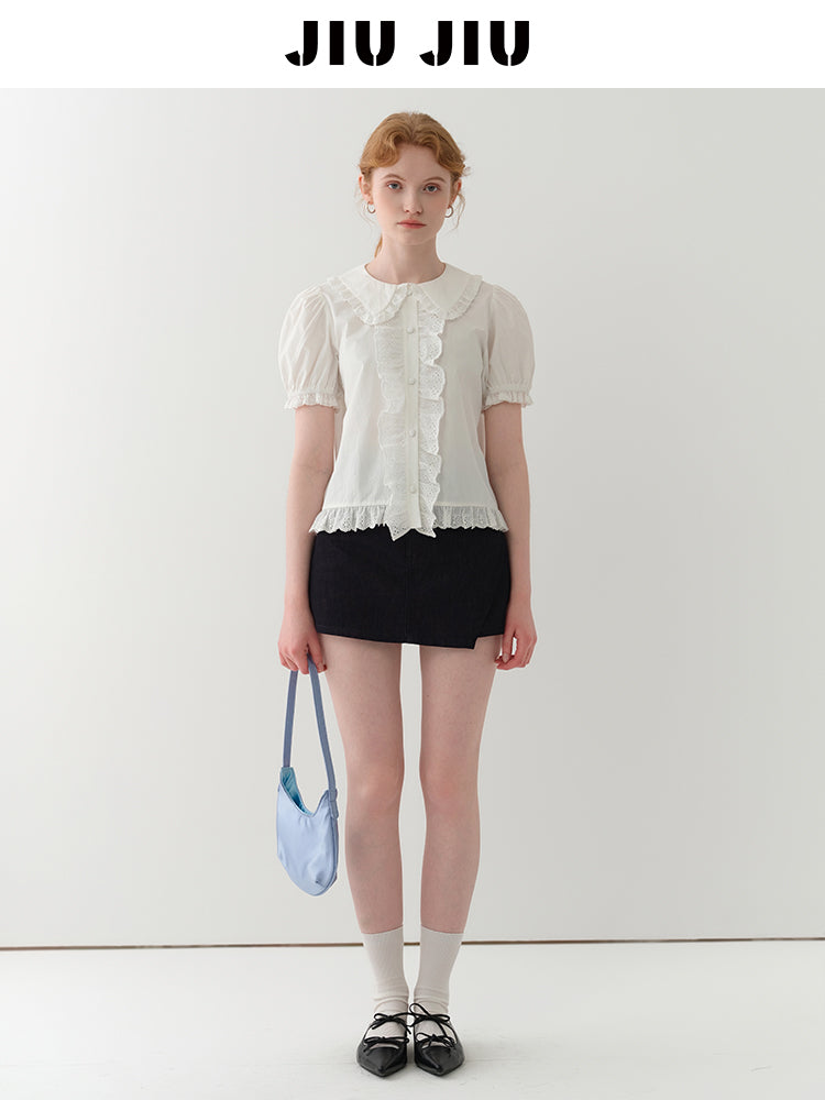 Doll-Collar Frilled Cotton Lace Blouse