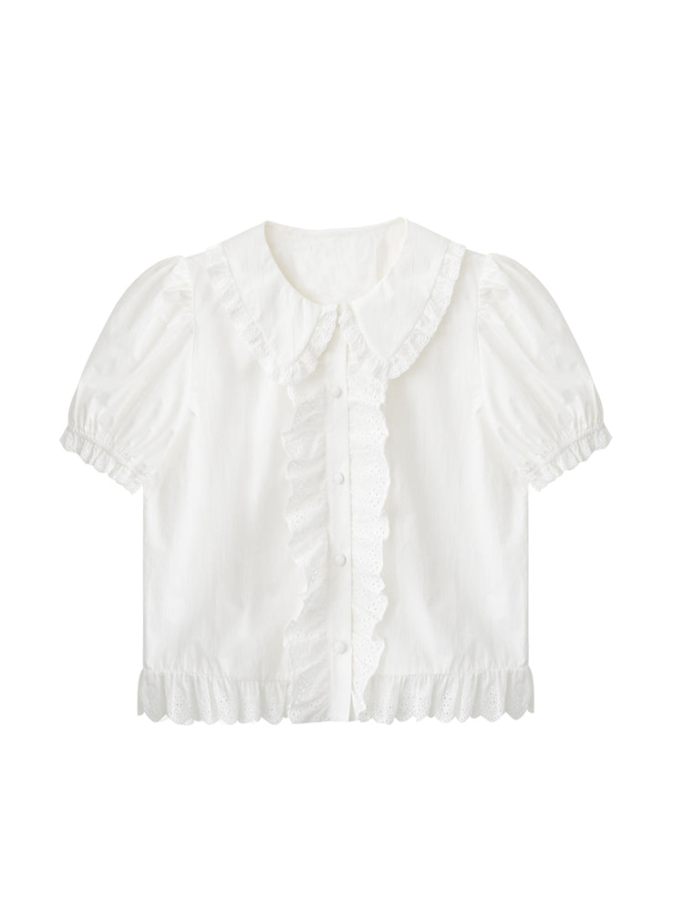 Doll-Collar Frilled Cotton Lace Blouse
