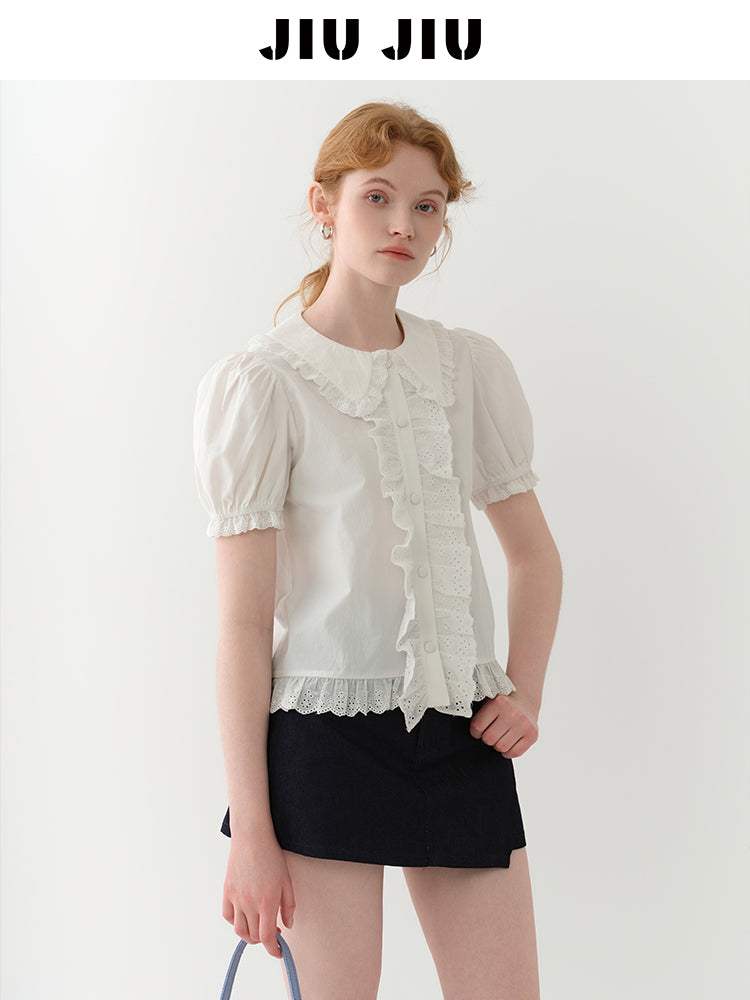 Doll-Collar Frilled Cotton Lace Blouse