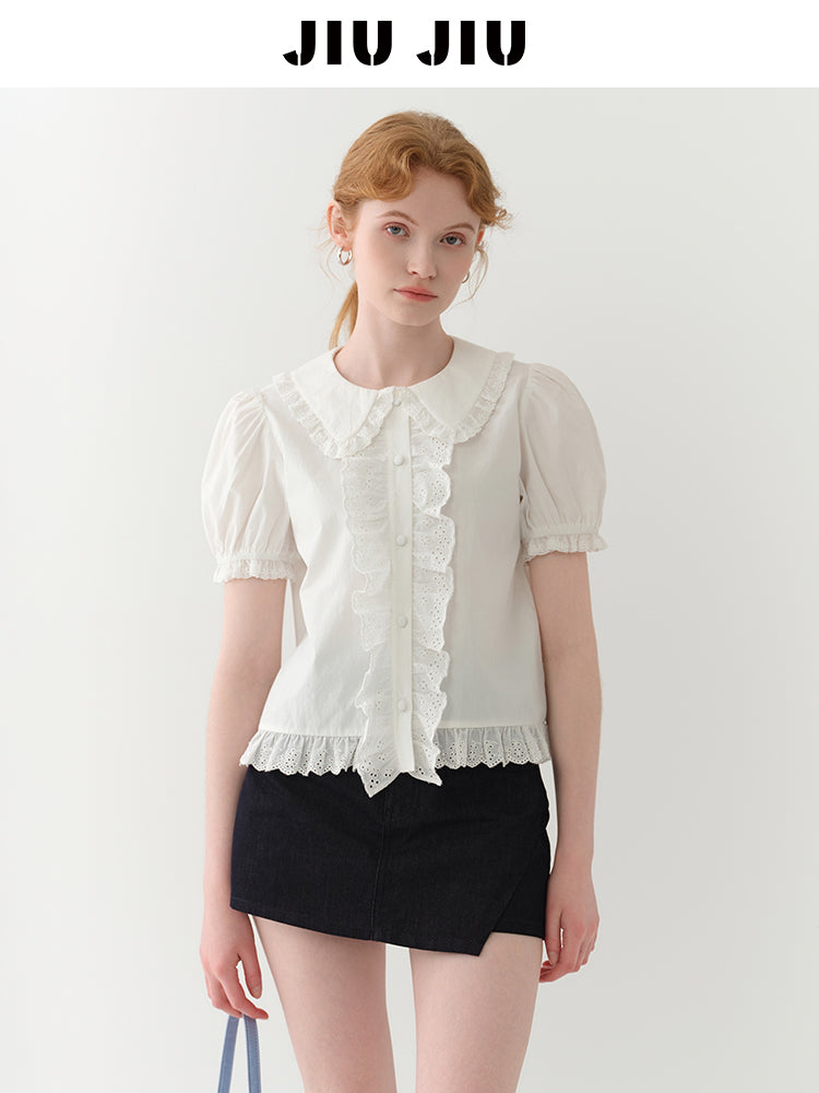 Doll-Collar Frilled Cotton Lace Blouse
