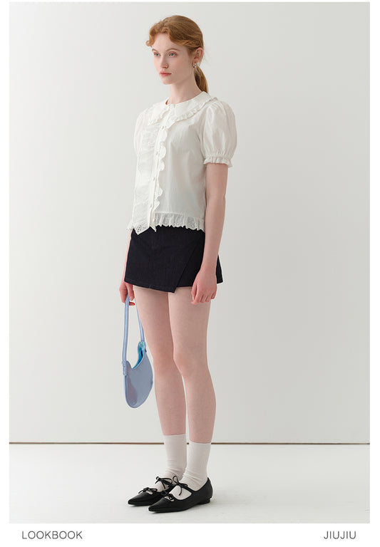 Doll-Collar Frilled Cotton Lace Blouse