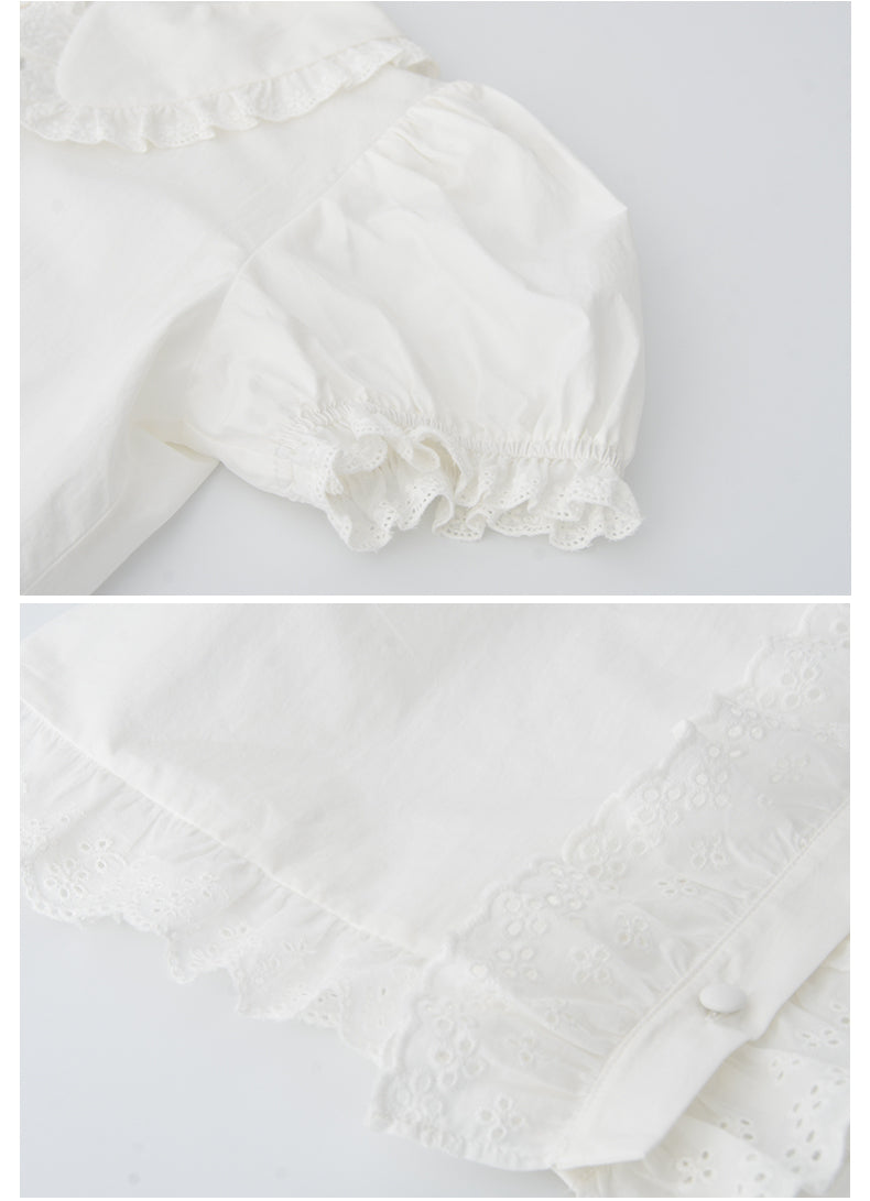 Doll-Collar Frilled Cotton Lace Blouse