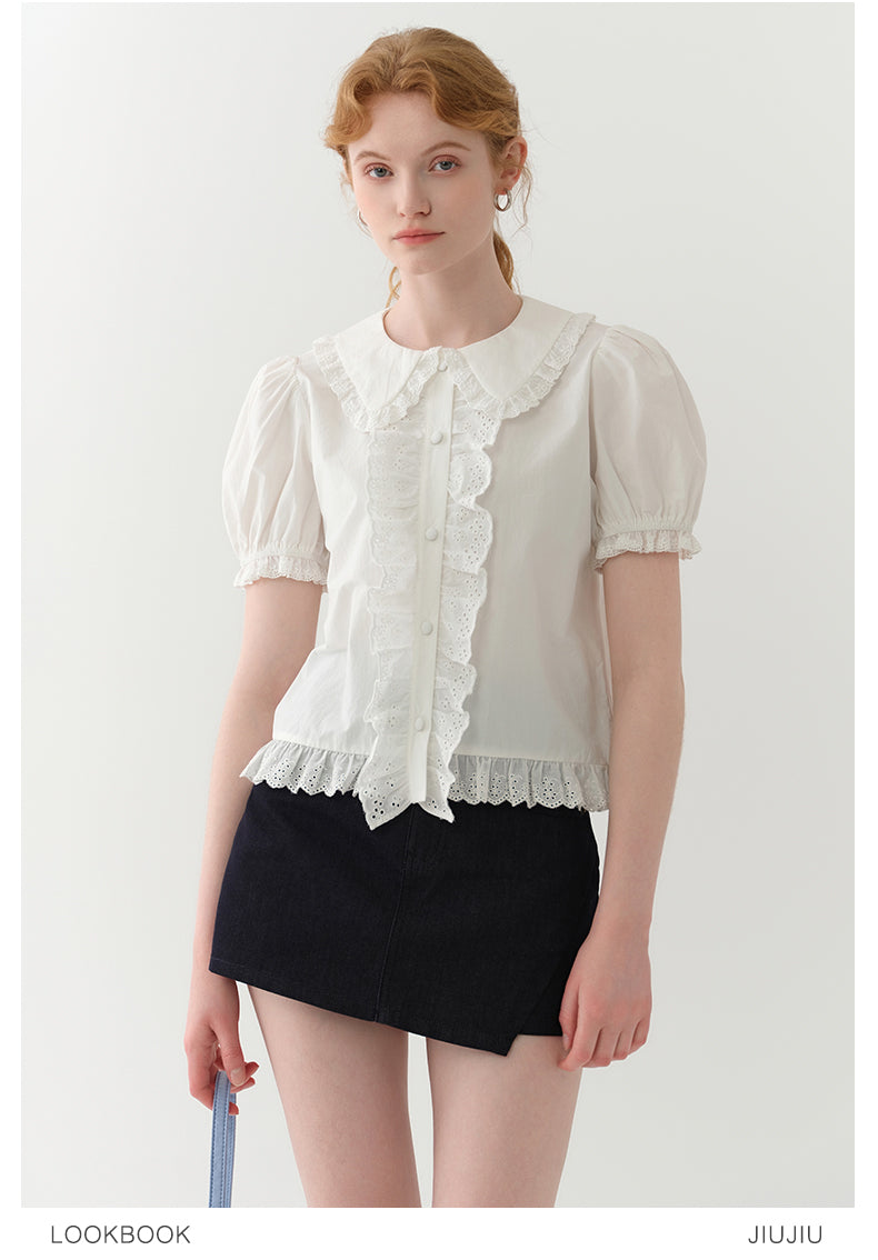 Doll-Collar Frilled Cotton Lace Blouse