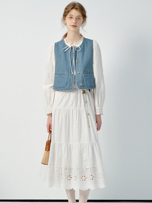 Eyelet Lace Cotton Dress And Matching Denim Vest