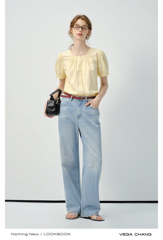 Collarless Short-Sleeve Blouse With Pleats Detail