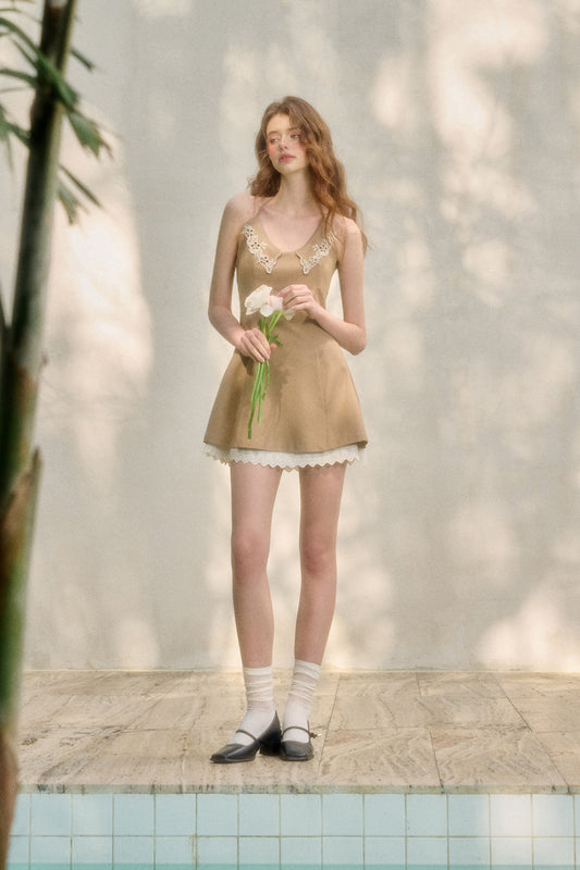 Embroidered Collar Halter Neck Mini Dress