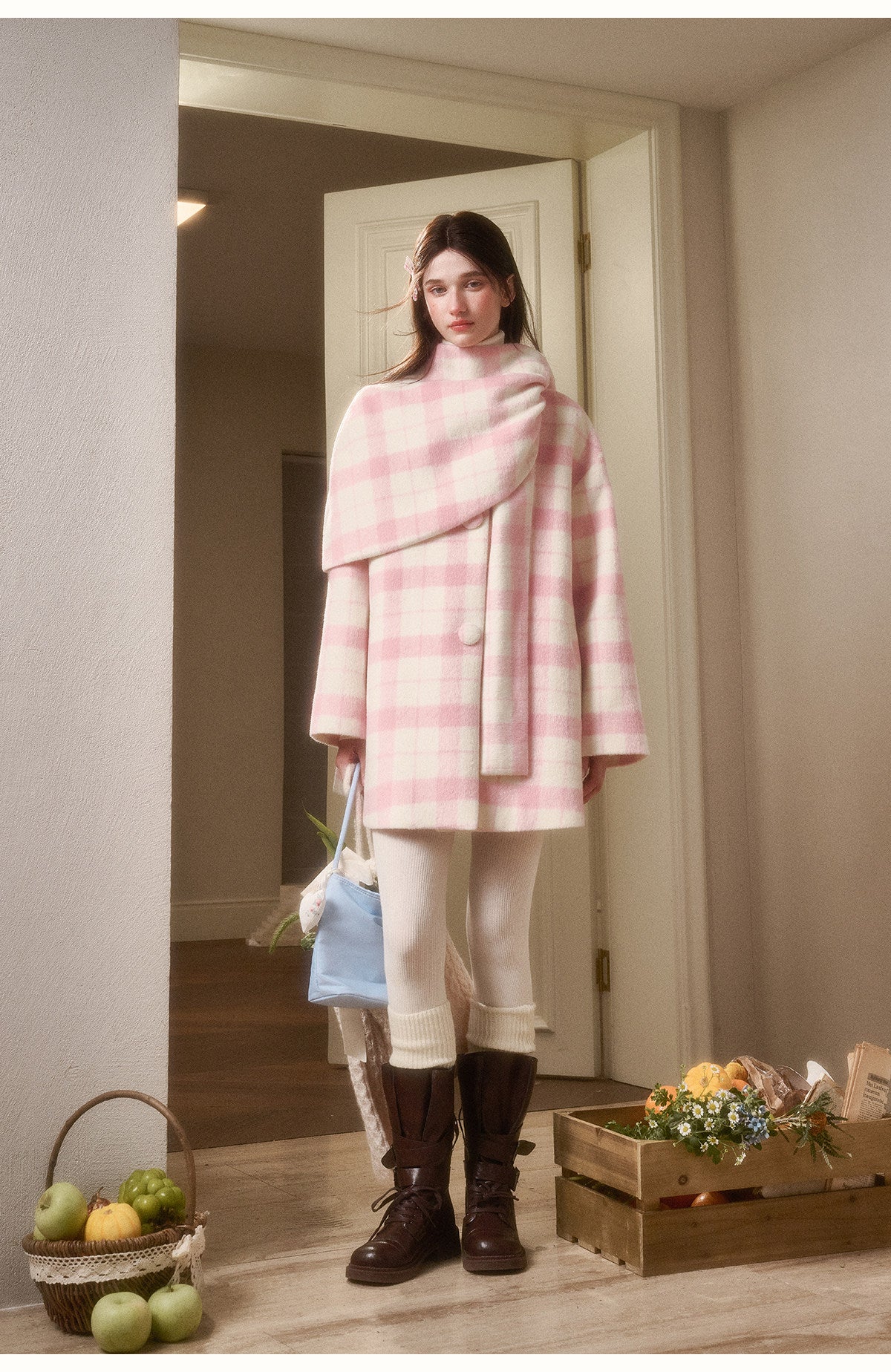 Two-Tone Plaid Collarless A-Line Short Coat With Scarf