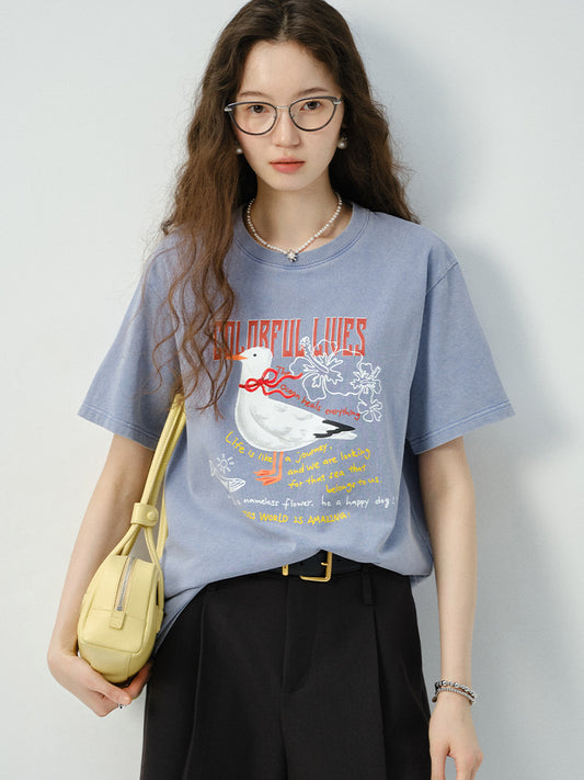 Vintage-Style Cotton Print T-Shirt
