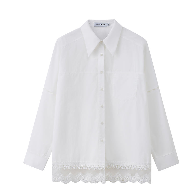 Oversized Cotton Shirt With Lace-Trimmed Hem
