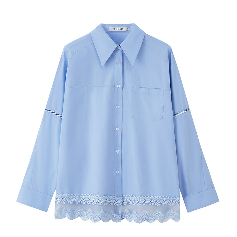 Oversized Cotton Shirt With Lace-Trimmed Hem