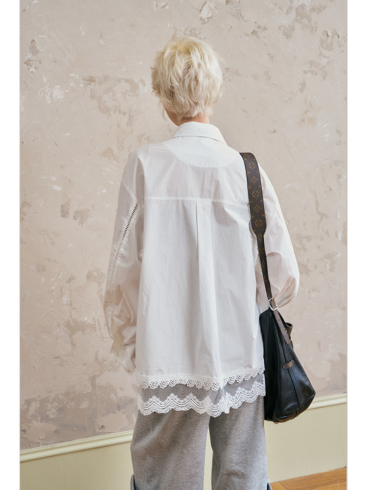 Oversized Cotton Shirt With Lace-Trimmed Hem
