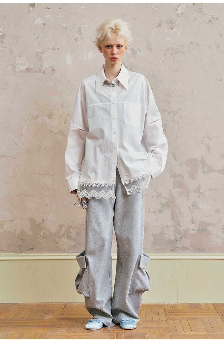 Oversized Cotton Shirt With Lace-Trimmed Hem