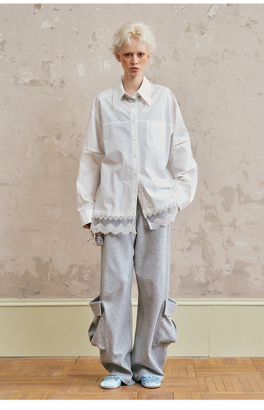 Oversized Cotton Shirt With Lace-Trimmed Hem