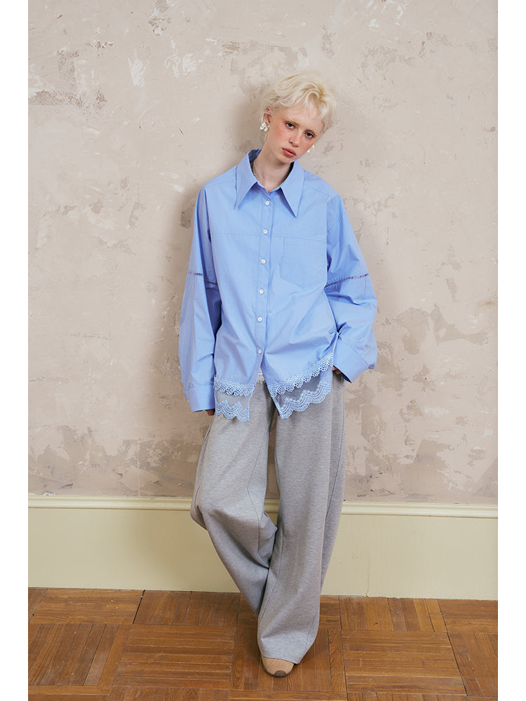 Oversized Cotton Shirt With Lace-Trimmed Hem
