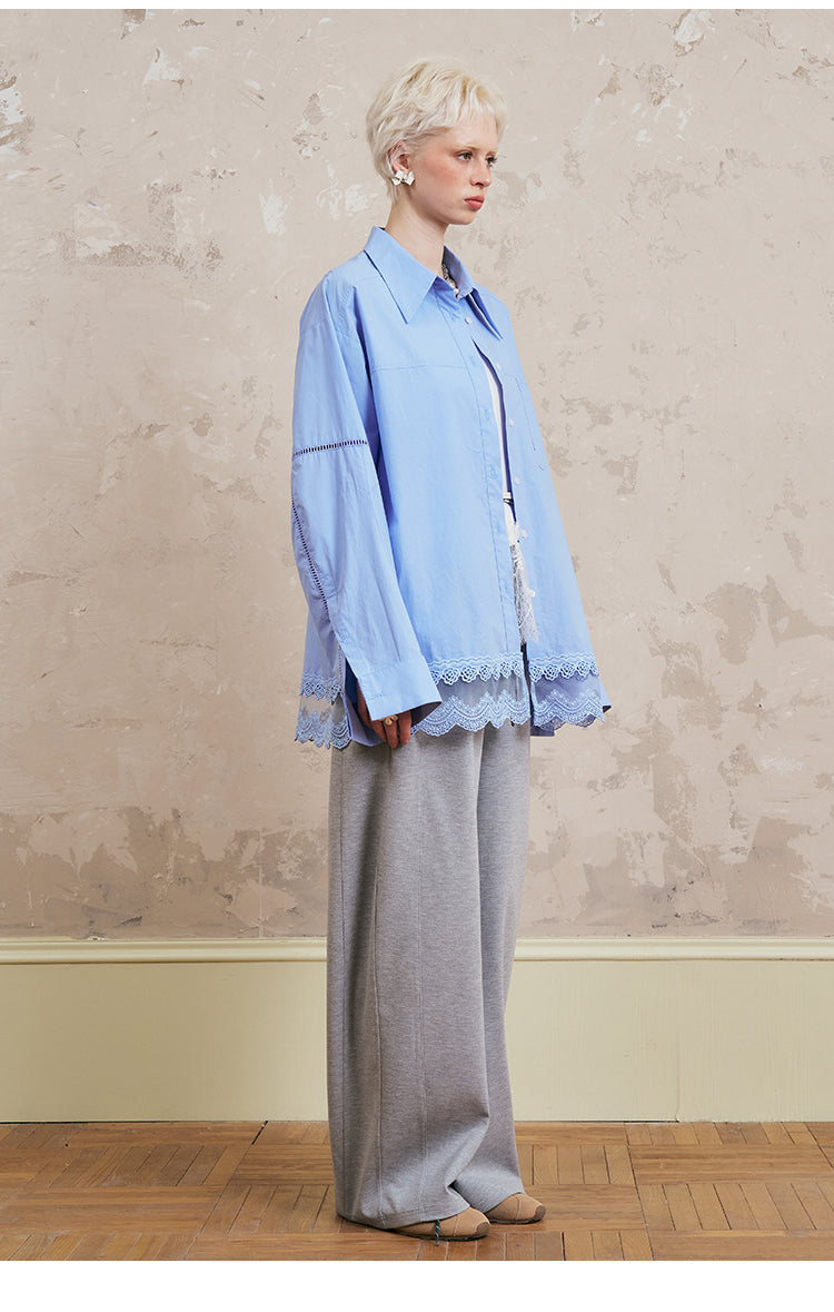 Oversized Cotton Shirt With Lace-Trimmed Hem