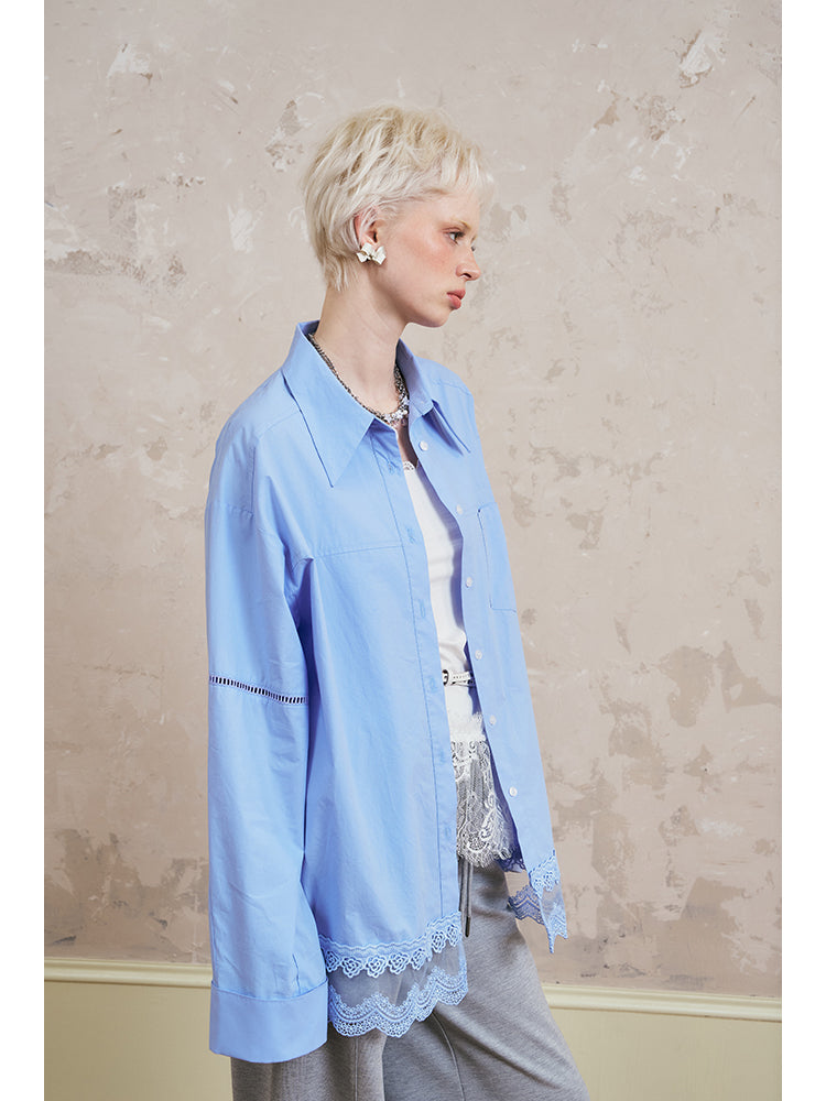 Oversized Cotton Shirt With Lace-Trimmed Hem