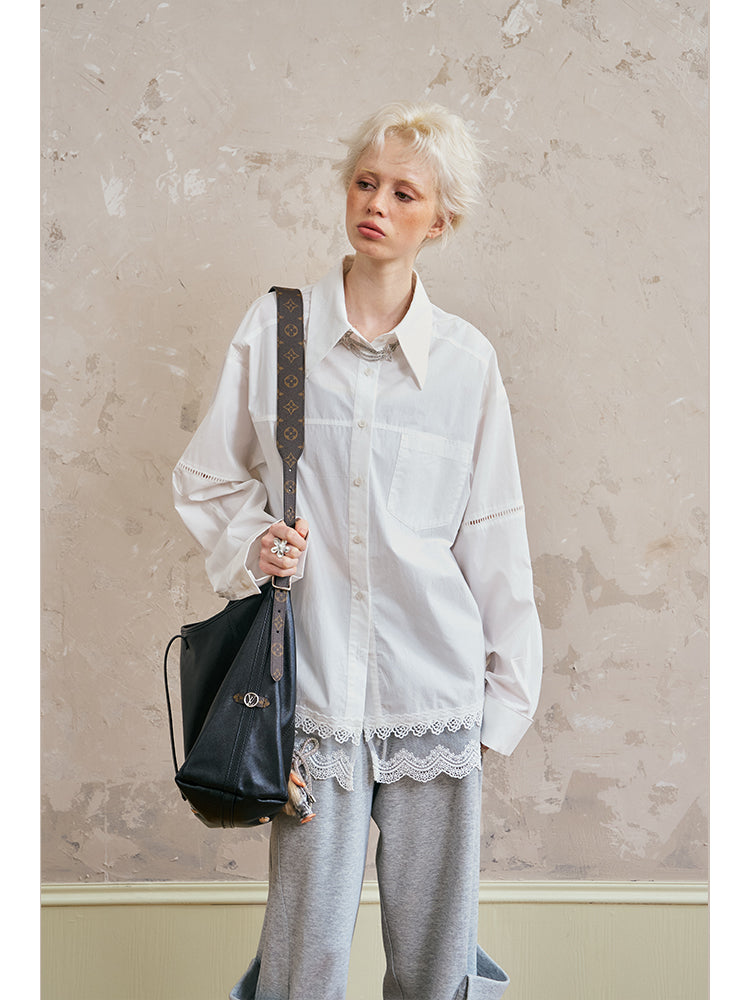 Oversized Cotton Shirt With Lace-Trimmed Hem