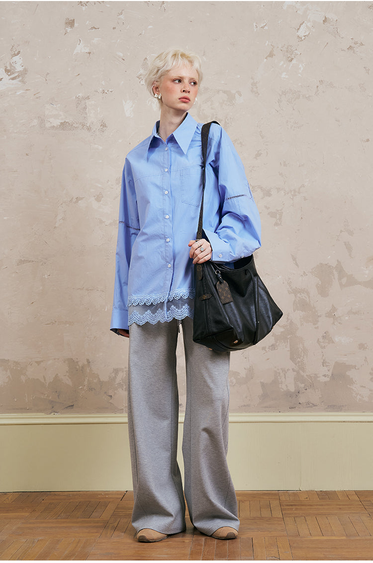 Oversized Cotton Shirt With Lace-Trimmed Hem