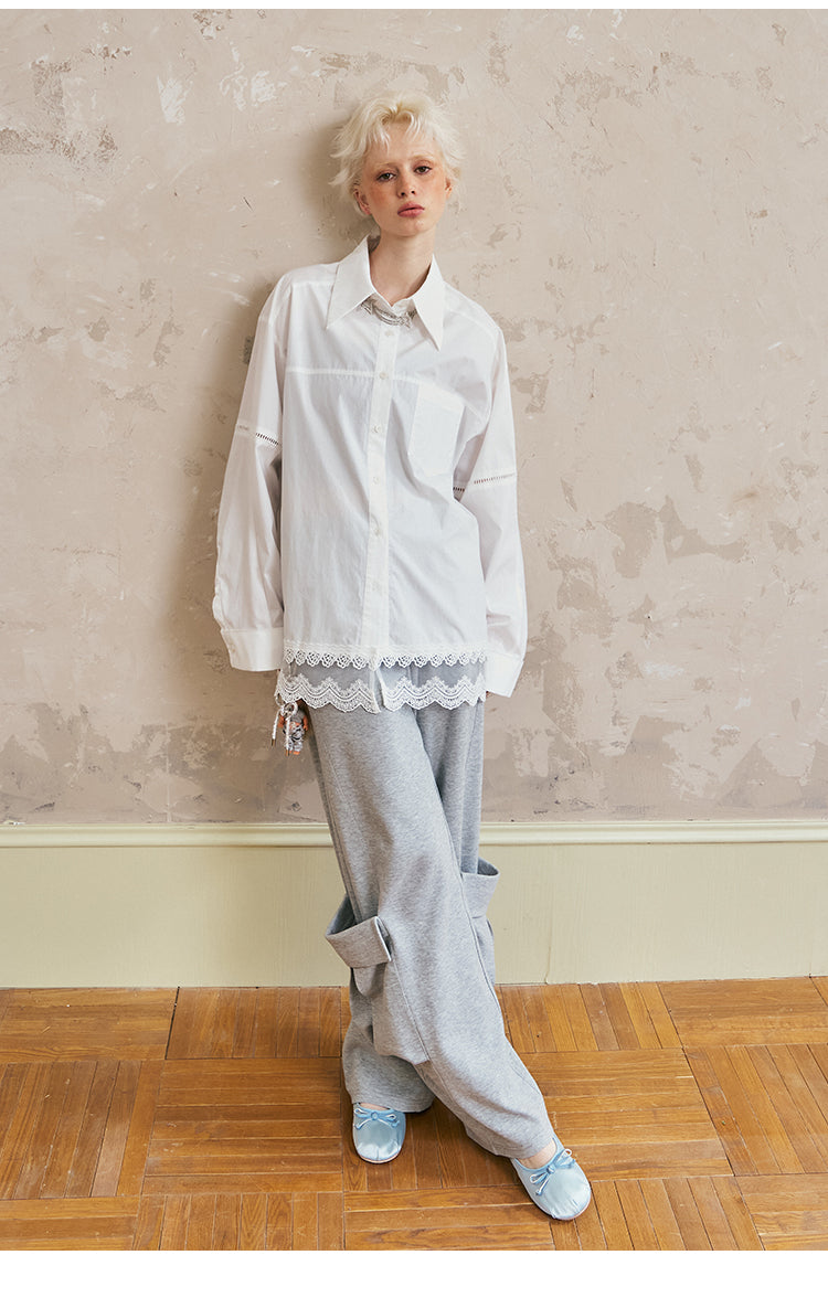 Oversized Cotton Shirt With Lace-Trimmed Hem