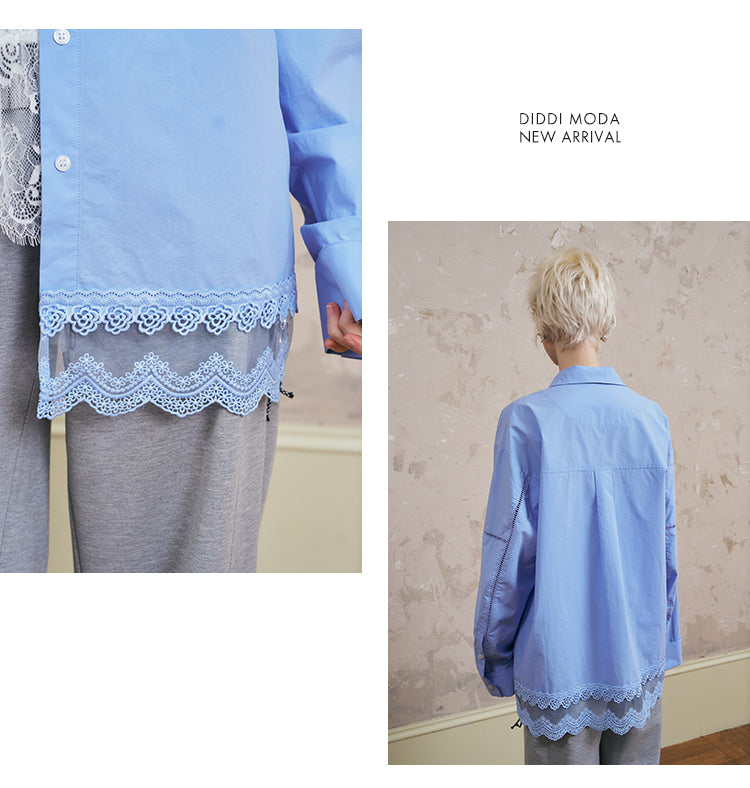 Oversized Cotton Shirt With Lace-Trimmed Hem