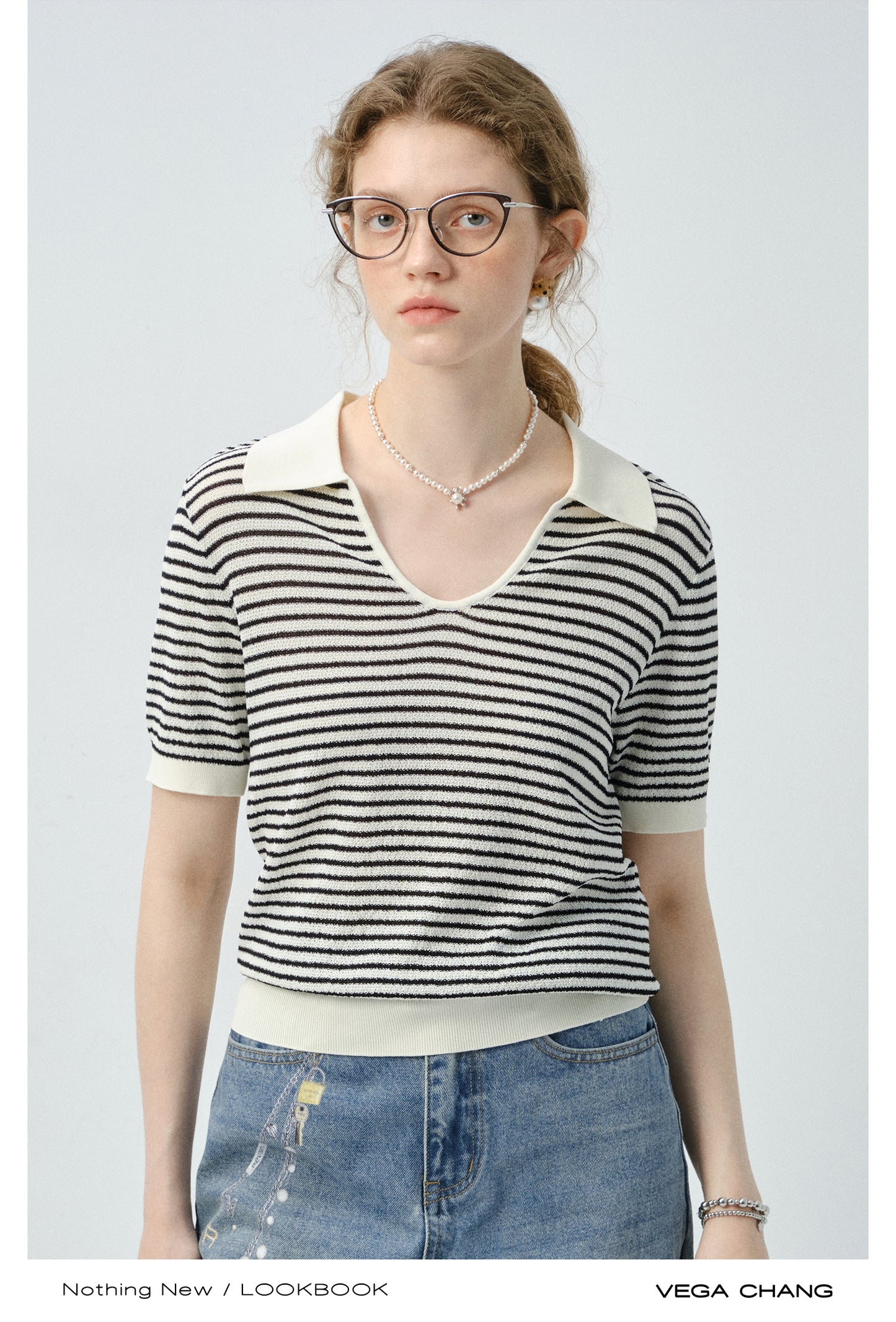 Collared Striped V-Neck Knit Top