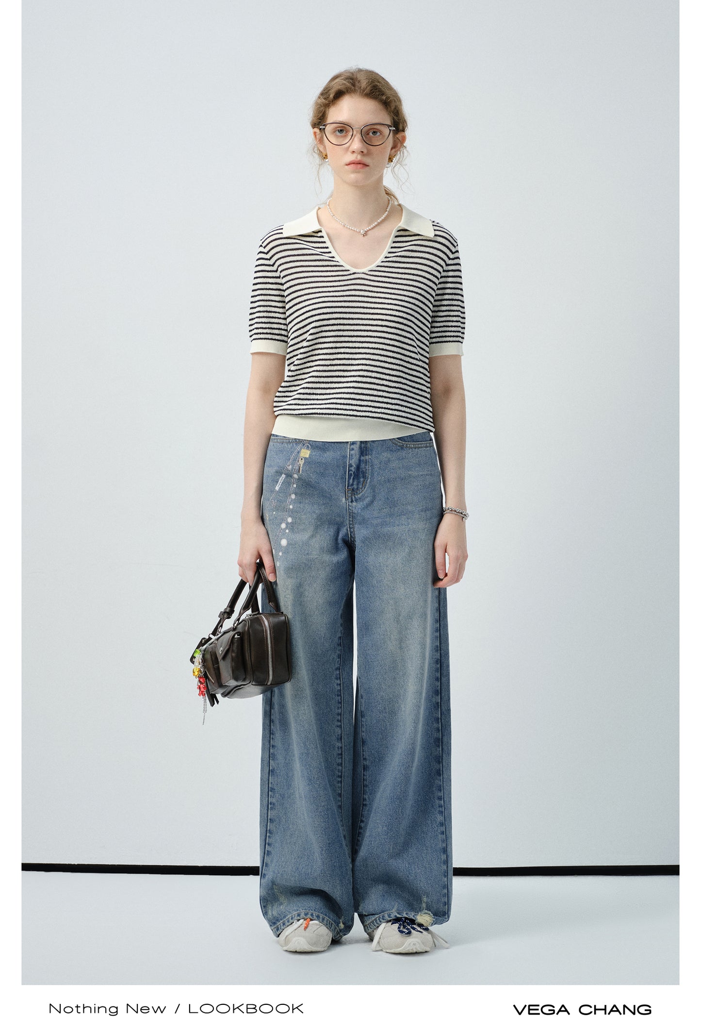 Collared Striped V-Neck Knit Top