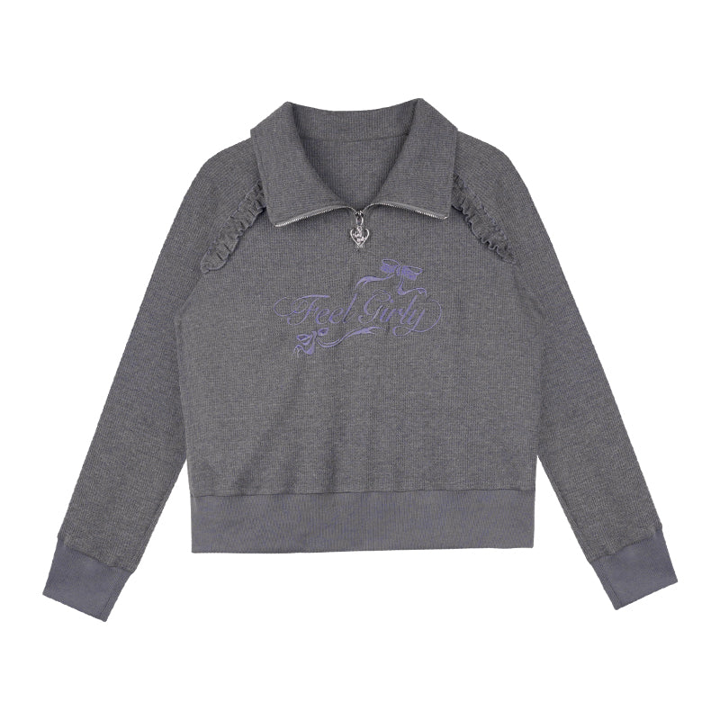 Half-Zip Waffle Knit High Neck Embroidered Top