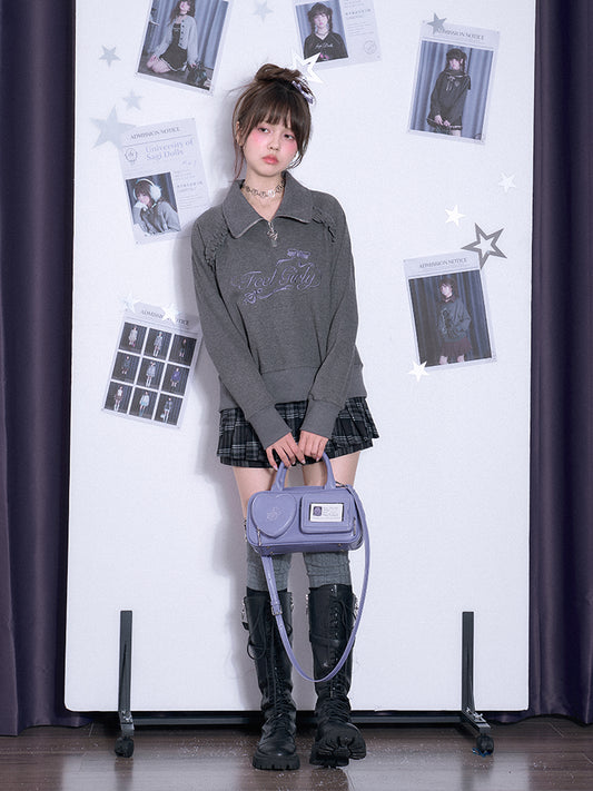 Half-Zip Waffle Knit High Neck Embroidered Top