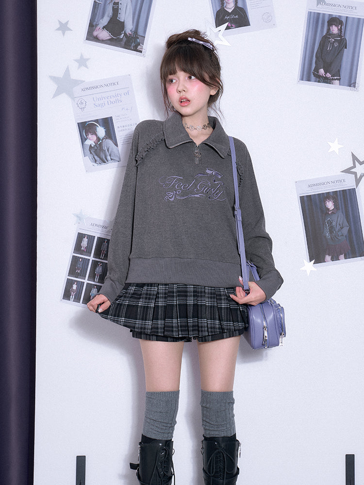 Half-Zip Waffle Knit High Neck Embroidered Top