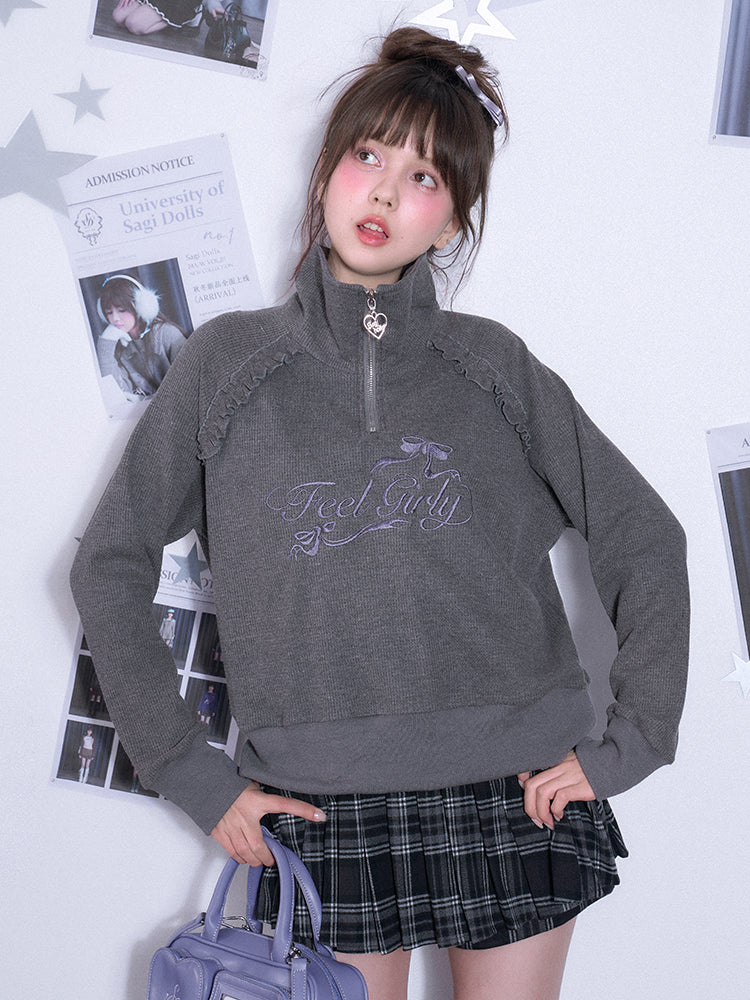 Half-Zip Waffle Knit High Neck Embroidered Top