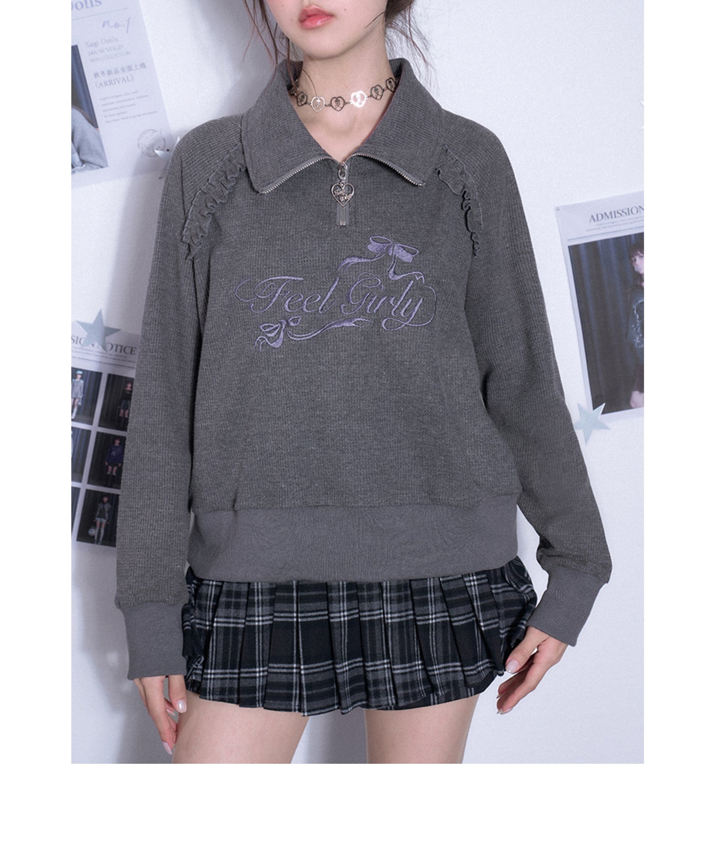 Half-Zip Waffle Knit High Neck Embroidered Top