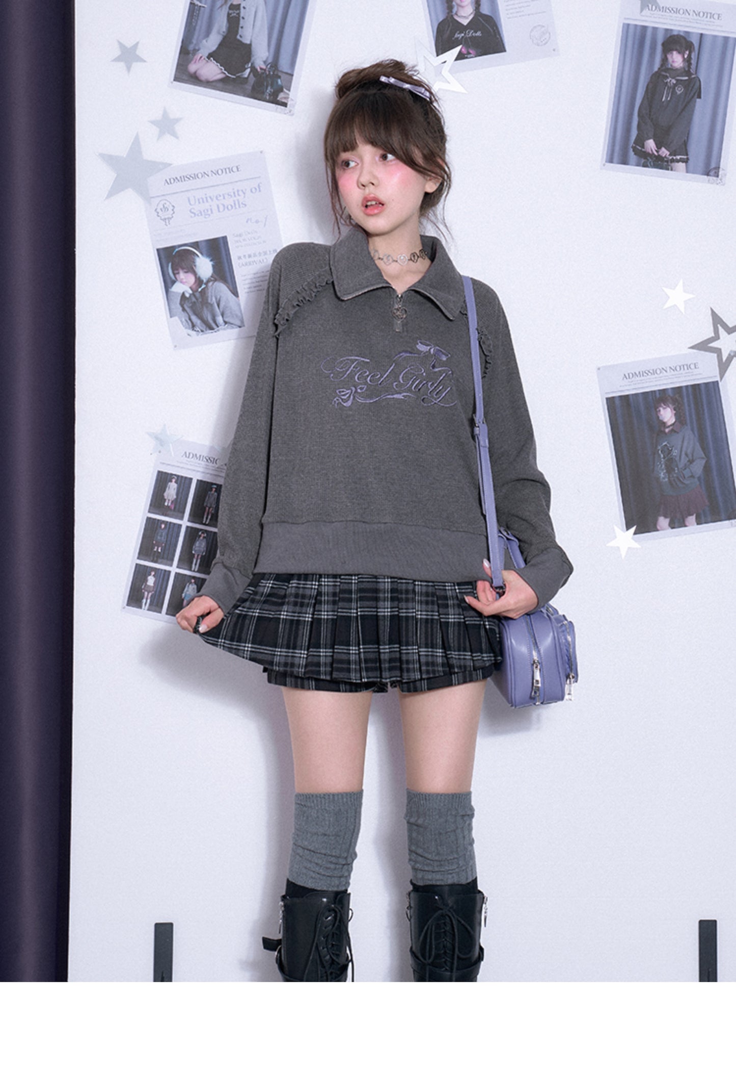 Half-Zip Waffle Knit High Neck Embroidered Top