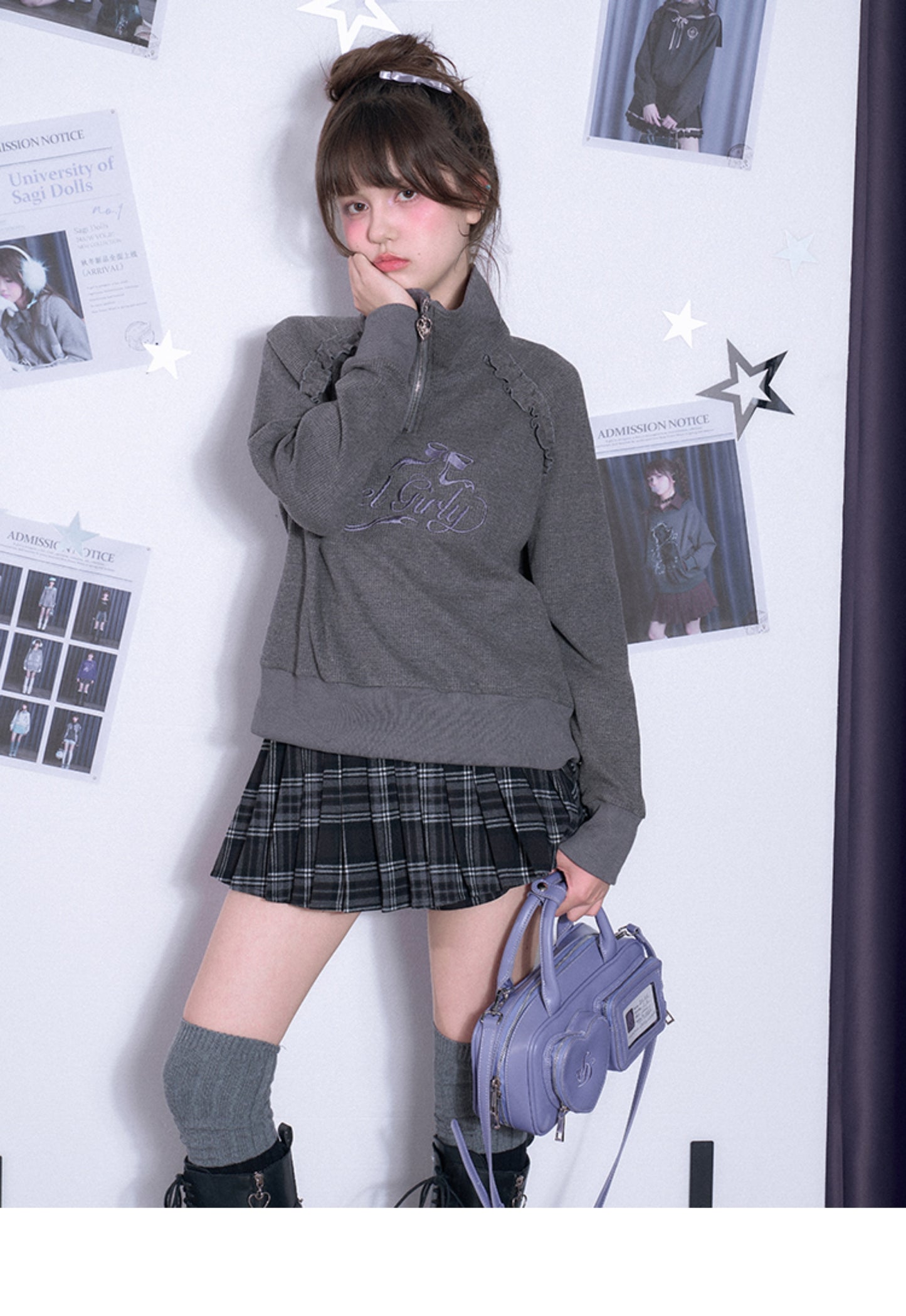 Half-Zip Waffle Knit High Neck Embroidered Top