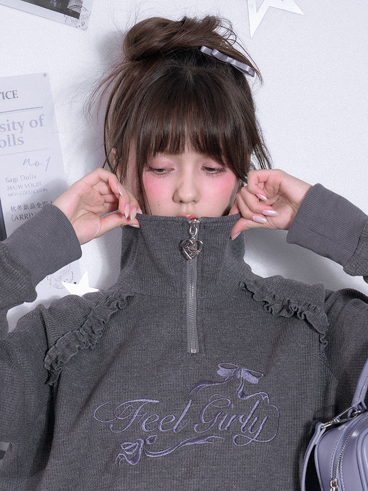 Half-Zip Waffle Knit High Neck Embroidered Top