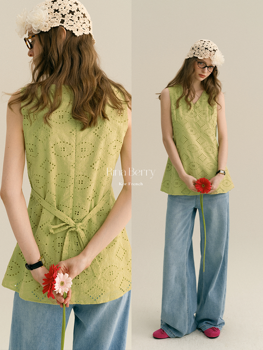 Eyelet-Embroidered Sleeveless V-Neck Top