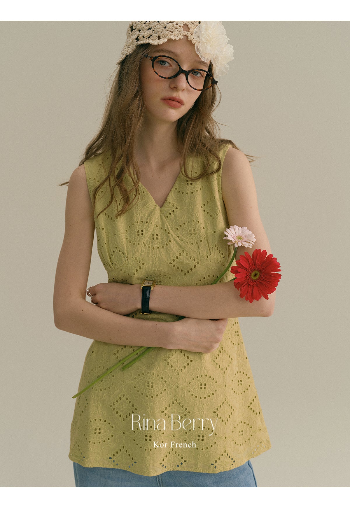 Eyelet-Embroidered Sleeveless V-Neck Top