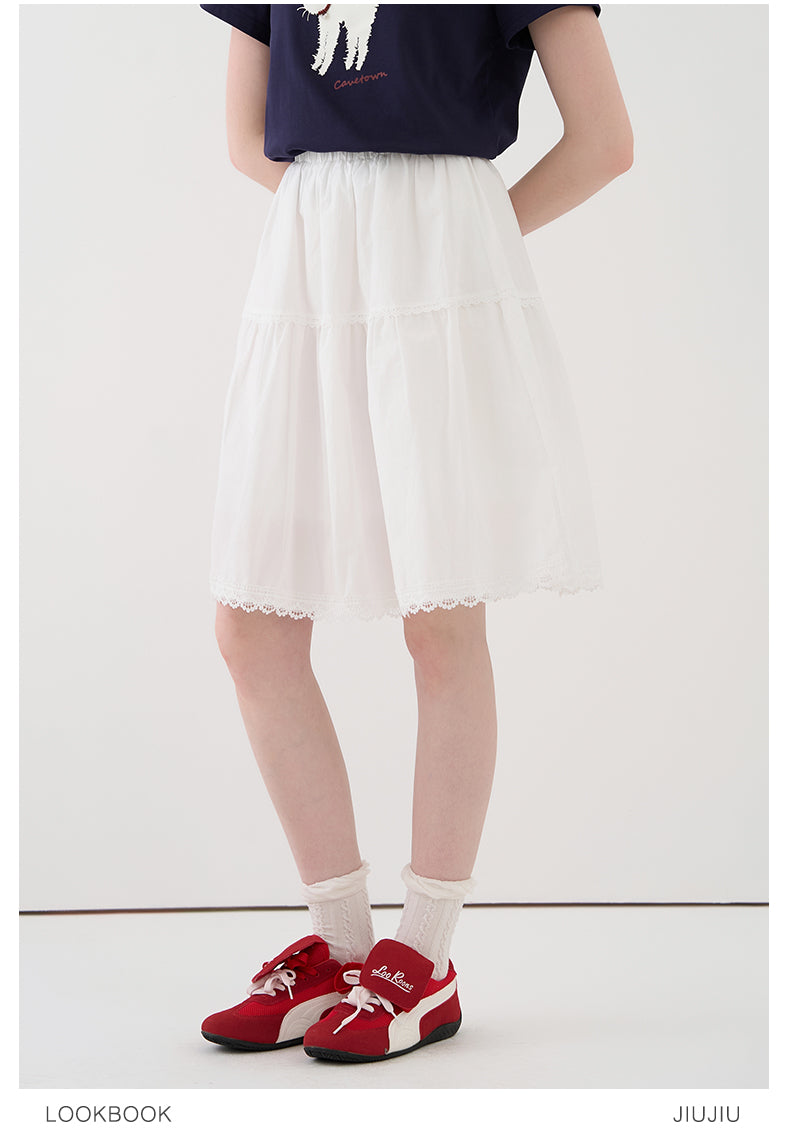 Elastic Waist Cotton Midi-Length Skirt