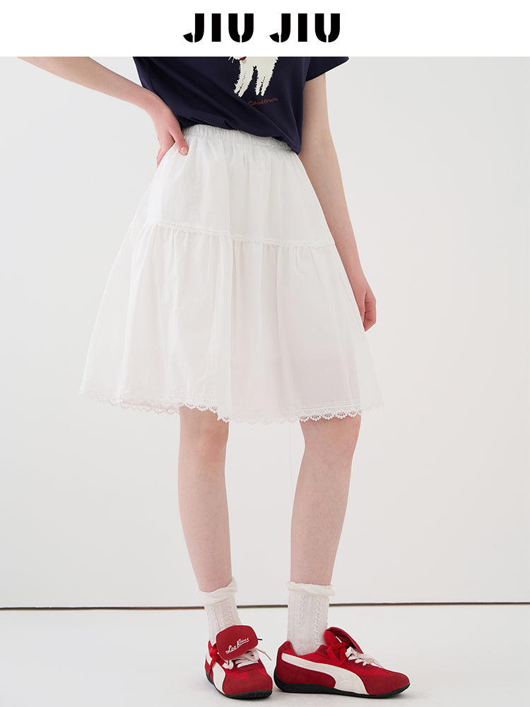 Elastic Waist Cotton Midi-Length Skirt