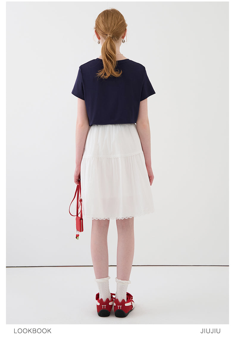 Elastic Waist Cotton Midi-Length Skirt