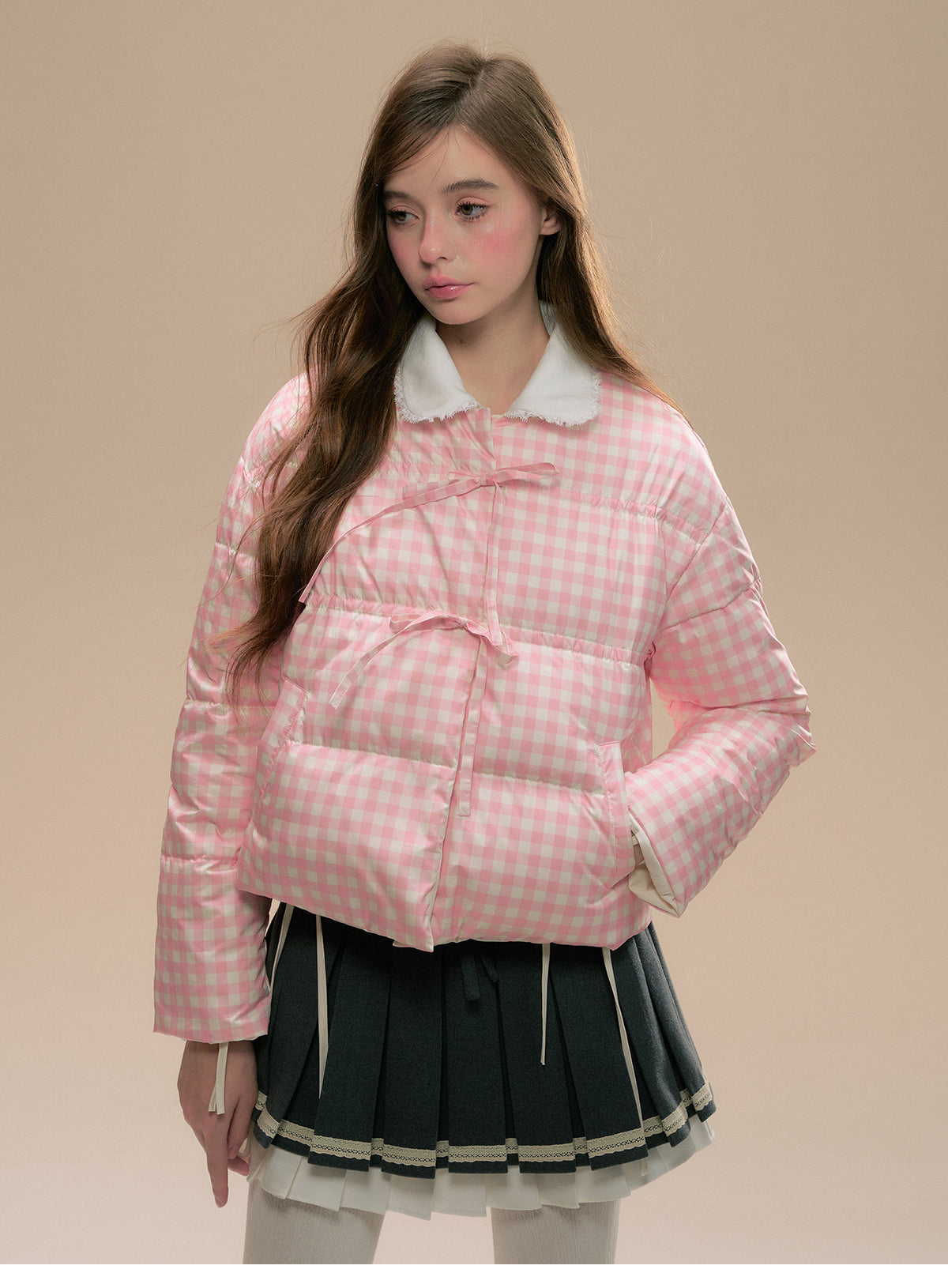 Reversible Gingham Check Tie-Front Puffer Jacket