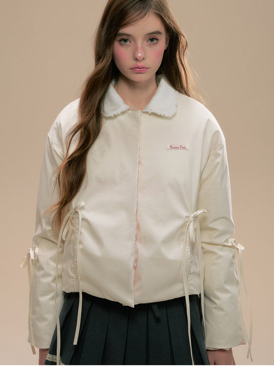 Reversible Gingham Check Tie-Front Puffer Jacket