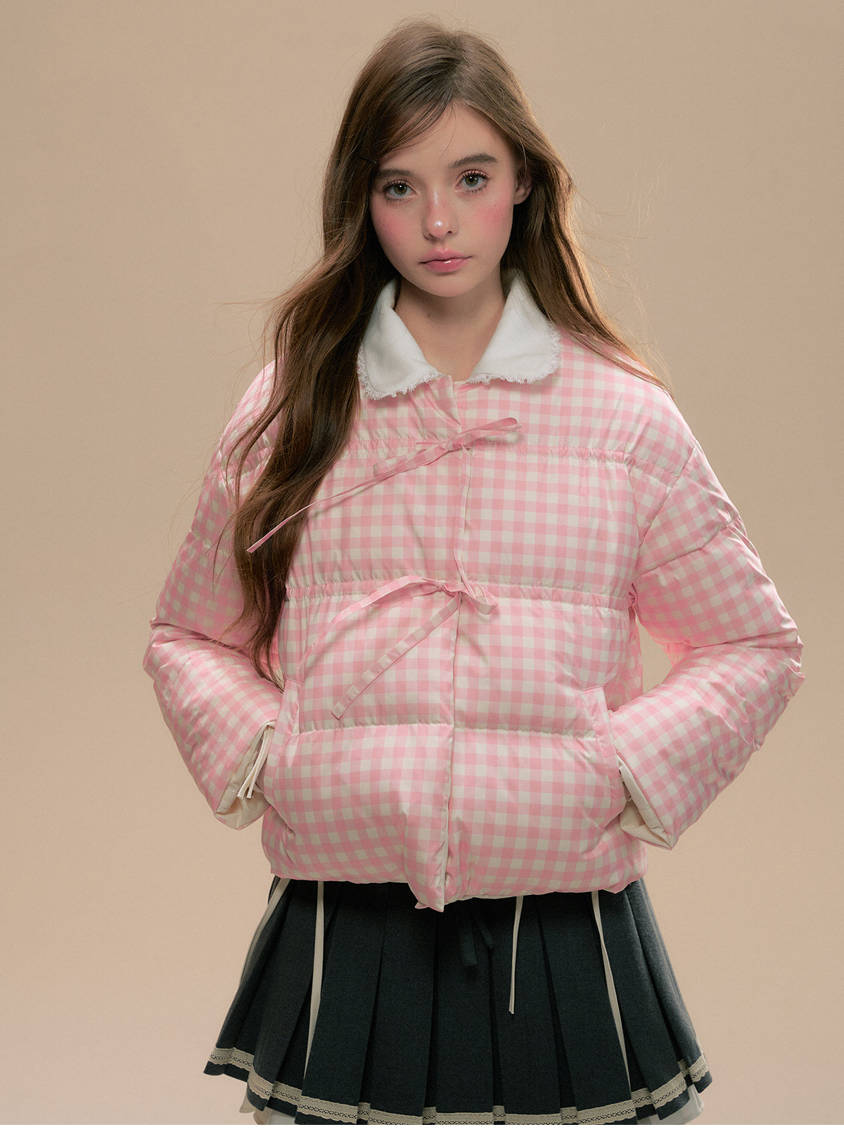 Reversible Gingham Check Tie-Front Puffer Jacket